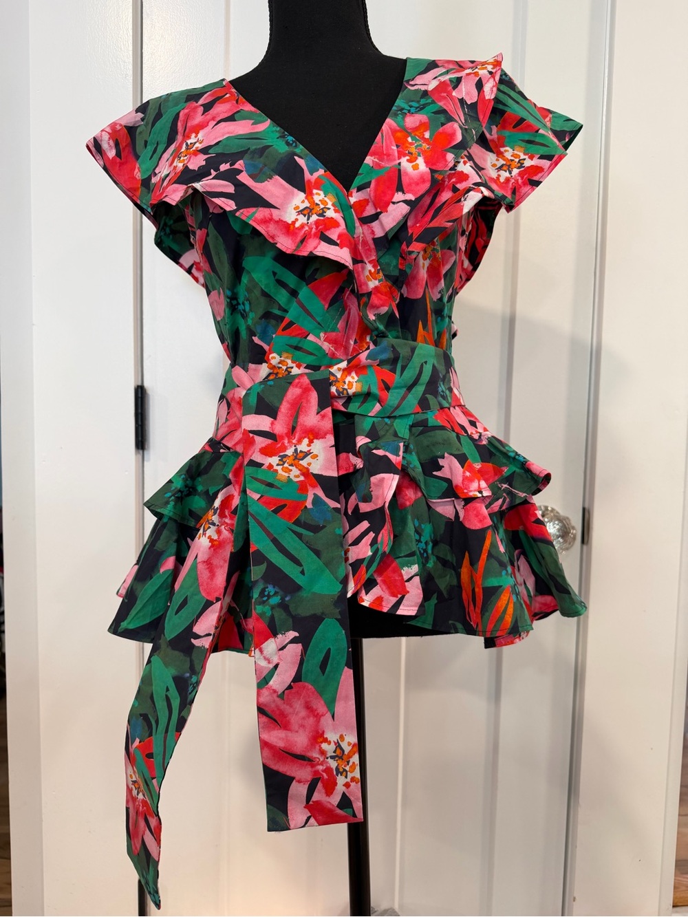 Marissa Webb Floral Peplum Wrap Top - Pink & Green